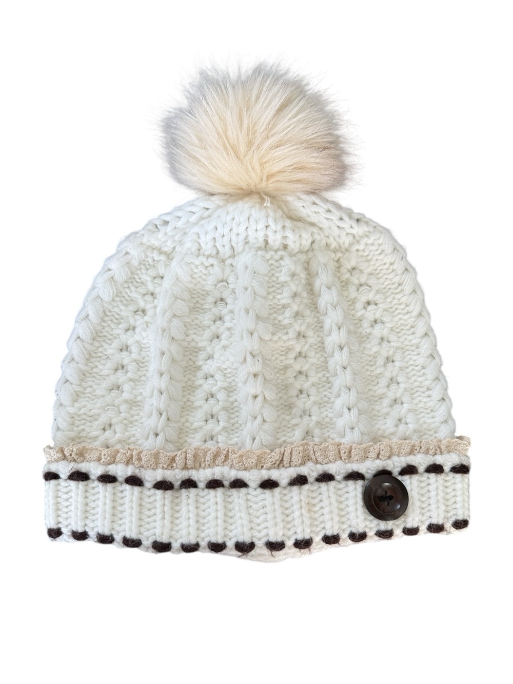 Cream Cable Knit Pom Pom Beanie Hat With Button Detail OSFM
